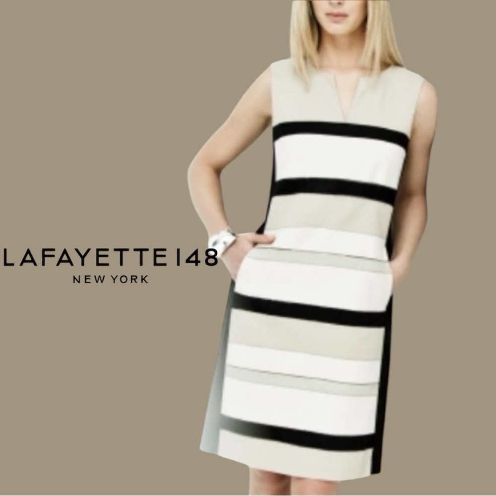 Lafayette 148 New York Linen Blend Colorblock Sheath Dress Size 12 Office Career